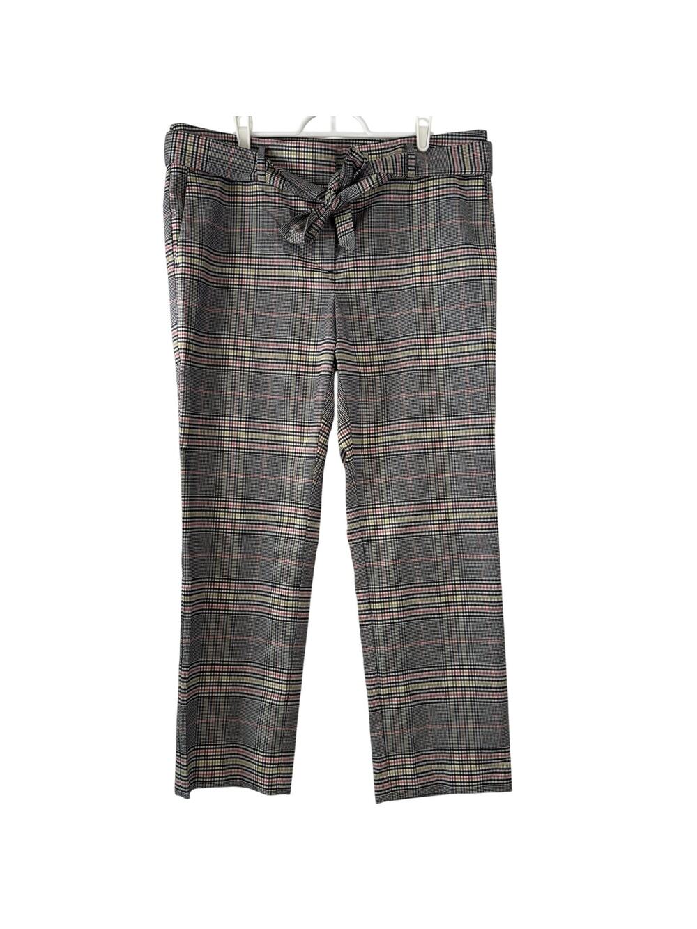 Loft Straight Plaid Dress Pants Women's Sz 12 Tie Belt Black Pink Career Office